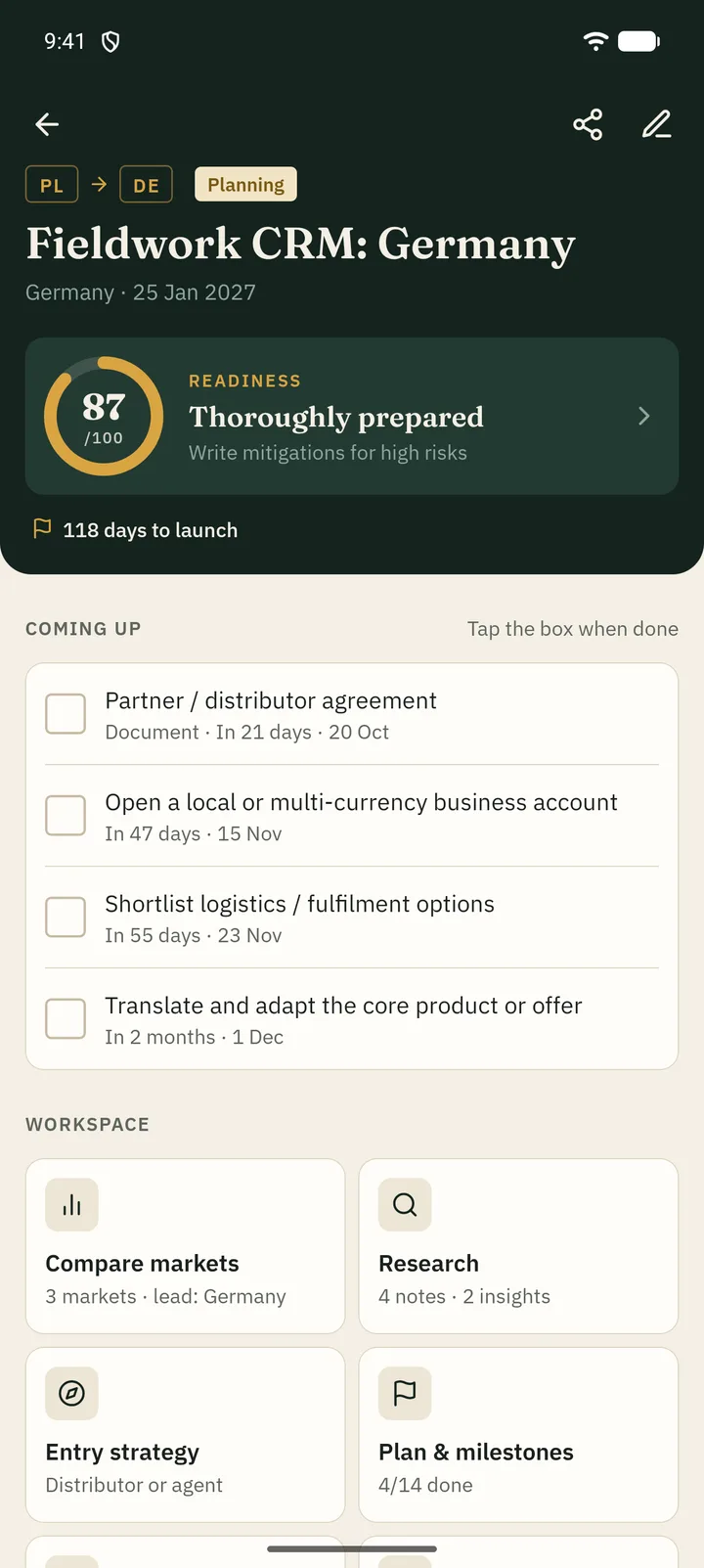 Project dashboard for a Poland-to-Germany expansion with a readiness score of 87, a launch countdown and upcoming tasks.