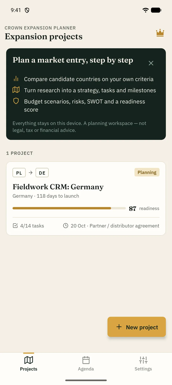 Projects list with the introduction panel