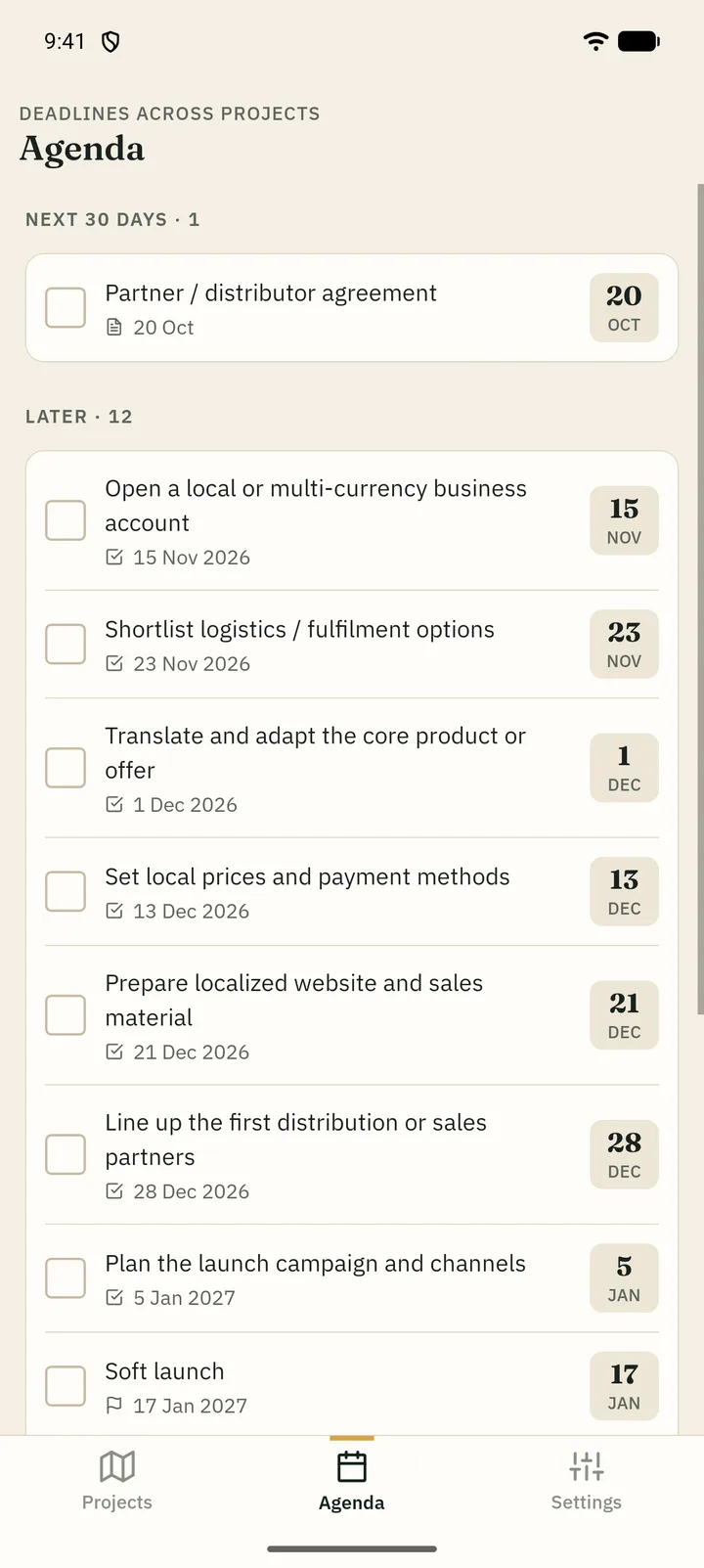 Agenda with deadlines across projects grouped by urgency