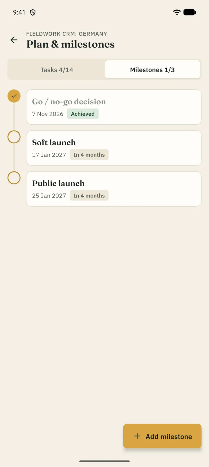 Milestones timeline with achieved and upcoming milestones