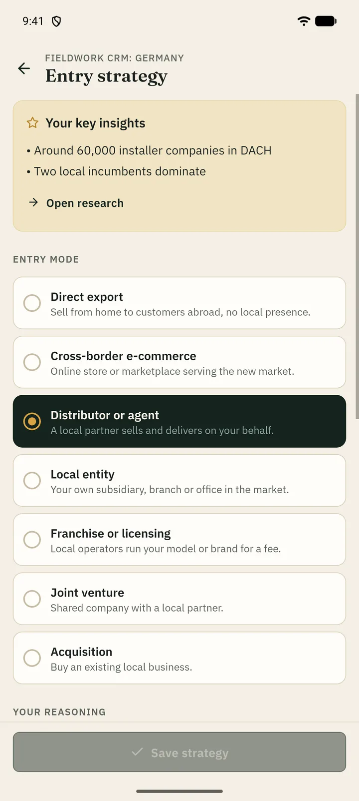Entry strategy with key insights and entry mode options